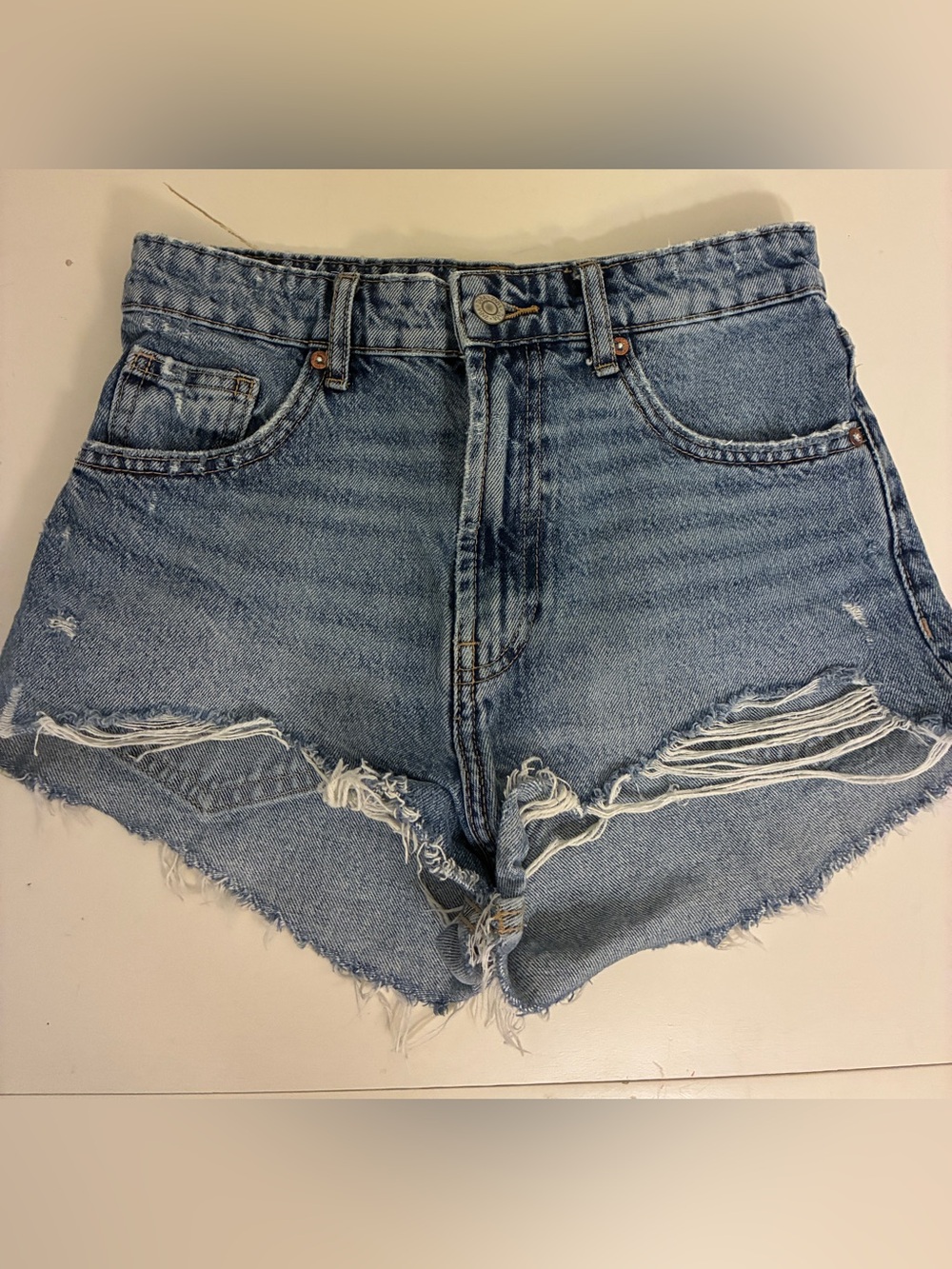 Zara Light Blue Distressed High-Rise Denim Shorts